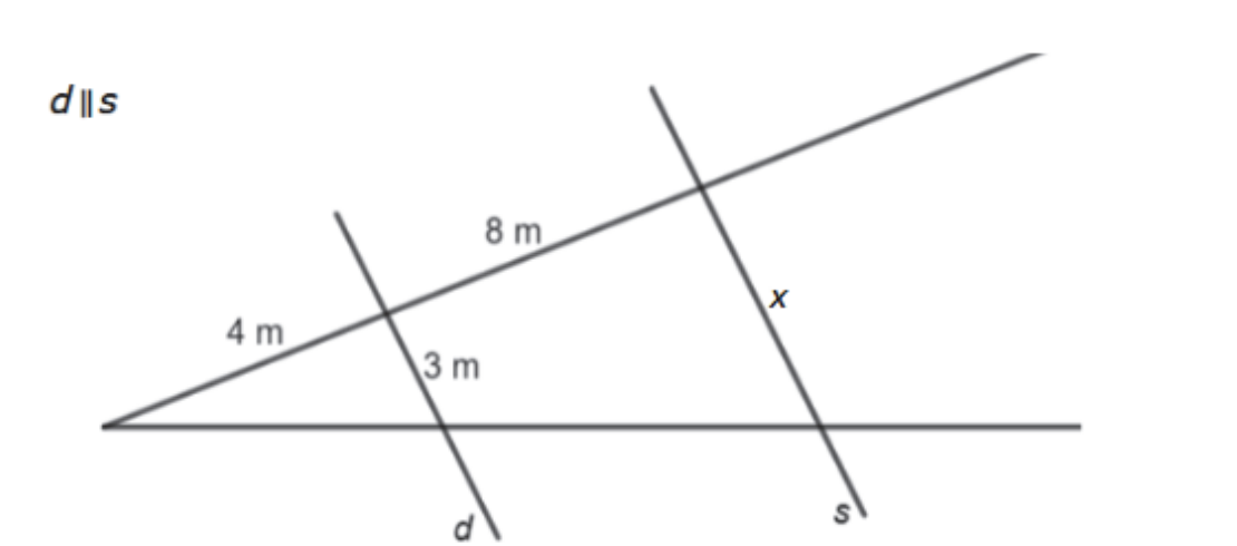 Strahlensatz mit parallelen Geraden d und s, Streckenlängen 4 m, 8 m, 3 m und x.